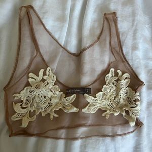 For Love and Lemons Skivvies Nude Mesh Crop Bra with White Flowers ✨ size XS